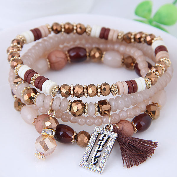 Fashion Tassel and Happy Engrave Charm Bracelet Handmade Multi Color Crystal Bracelet For Women Wholesale Set Bohemia Jewelry