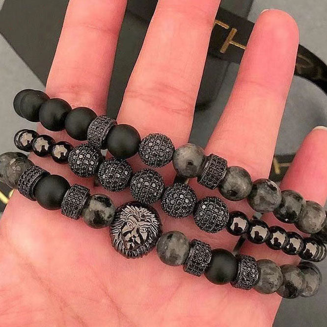 High Quality Hot Selling CZ Mirco Pave Ball Lion Charm Natural Stone Beads Elastic Bracelet Set Men Jewelry